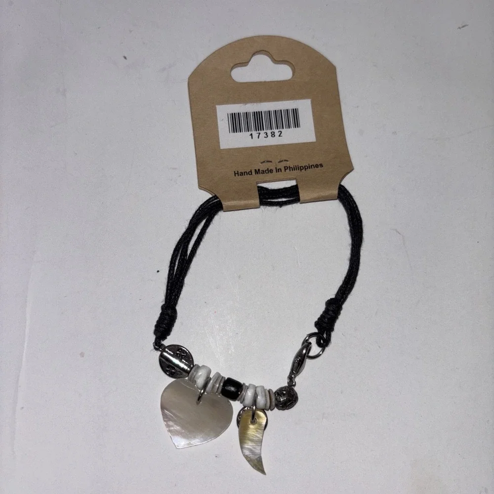 Faux Black Leather Bracelet Charms Ivory Heart Feather Hand Made In Philippines
